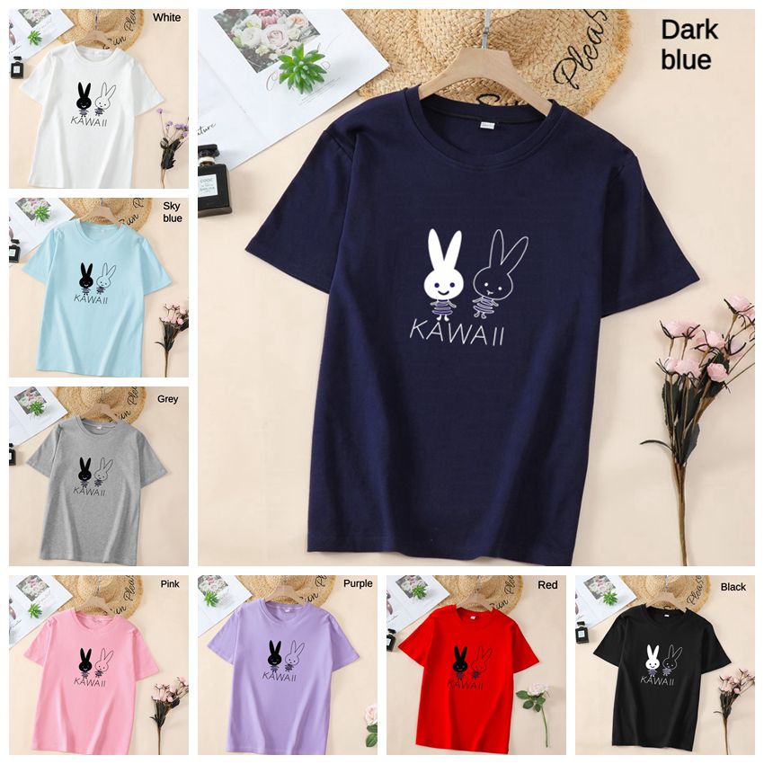 White T Shirt Women Elegant Short Sleeve T-shirts Cartoon Rabbit Printing O-Neck T-shirt Lightweight Ladies T-shirts