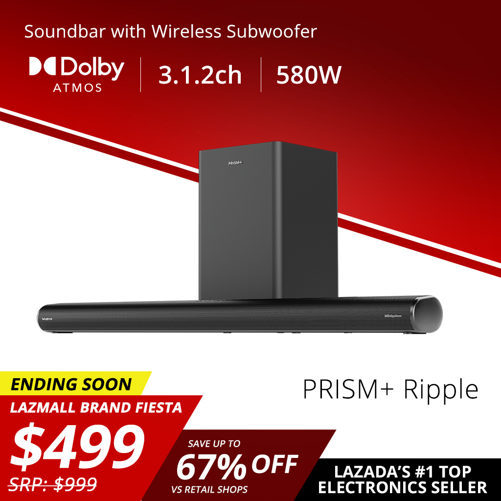 PRISM+ Ripple 3.1.2ch Soundbar with Dolby Atmos | 580W | Wireless Subwoofer | Wireless Music Streaming | Bluetooth 5.1
